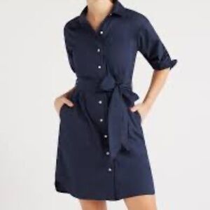 NEW LandsEnd Lands'End poplin cotton button  3/4  shirtdress Black 4 Petite